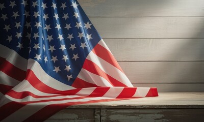 American flag draped on rustic wood background