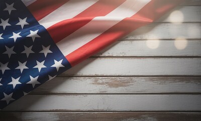 American flag draped on weathered wood patriotic background