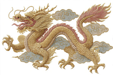 A photorealistic embroidered Chinese dragon with cloud motifs