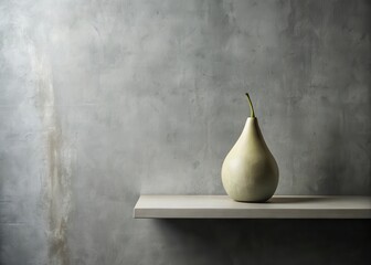 A serene still life composition featuring a minimalist ceramic pear vase perched atop a concrete shelf
