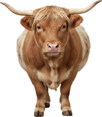 Isolated shaggy brown Yak with curved horns, standing on a transparent background. Ideal for wildlife, mountain farm, or design projects requiring robust bovine imagery.
