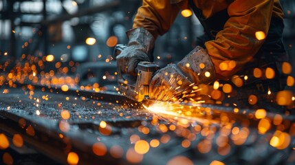 An action shot capturing sparks flying from metal as a skilled craftsman cuts through steel, illustrating the power of craftsmanship and the Beauty of industrial work.