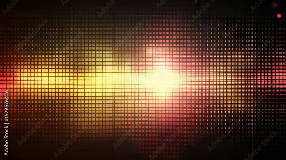 Poster dynamic grid overlay with warm light streaks and dust particles flowing seamlessly