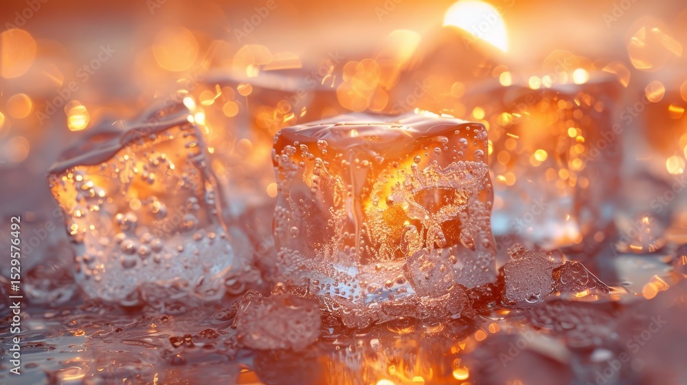 Aufkleber a close format image of glistening ice cubes captured in the warm light of sunset, showcasing the in