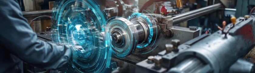 Technician programming a metal lathe with holographic interface