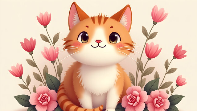 a cat sitting in front of pink flowers