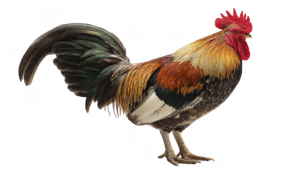 Rooster with vibrant orange, brown, and green feathers stands proudly, showcasing its long tail feathers and bright red comb and wattle against a transparent background