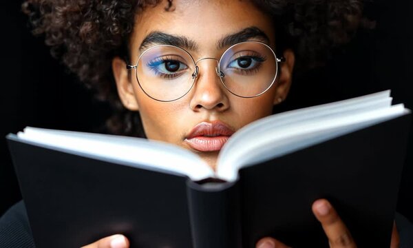 Young woman with curly hair reads a book while wearing glasses indoors in soft lighting