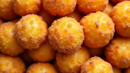 Crispy fried cheese balls with golden crunchy coating close up top view photography showing texture and delicious snack