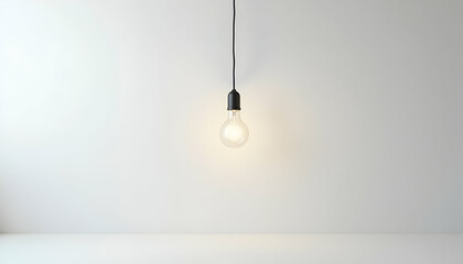 Lit Lightbulb Hanging in Minimalist White Room