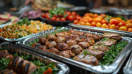 Obraz premium An inviting display of colorful and appetizing food items arranged beautifully in trays, highlighting the best of culinary art and variety for any feast or gathering.