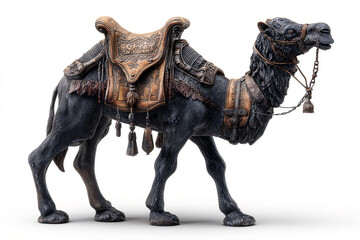 Fototapeta premium A photorealistic leather figurine of a Moroccan camel with carved saddle