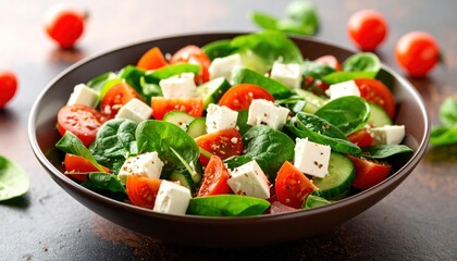 Vibrant salad with fresh spinach feta cheese cucumbers and tomatoes