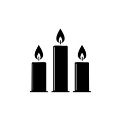 Minimalist black icon of three lit candles of varying heights. Vector silhouette of a candle trio symbolizing warmth, tradition, or holidays.



