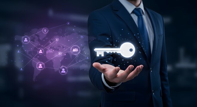 businessman holding digital key cybersecurity and data protection