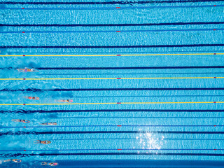 Top-down aerial view of swimmers training in an Olympic-size pool. Multiple lanes filled with...