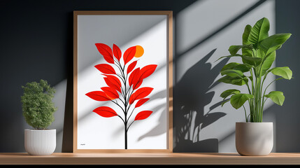Artistic Composition with Potted Plants: A captivating minimalist artwork, showcasing a vibrant tree illustration in a wooden frame, flanked by potted plants, and cast with evocative shadows.