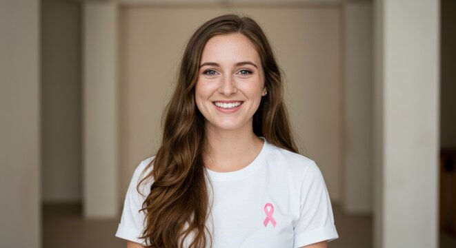 Smiling Woman in White Shirt with Pink Ribbon Breast Cancer Awareness