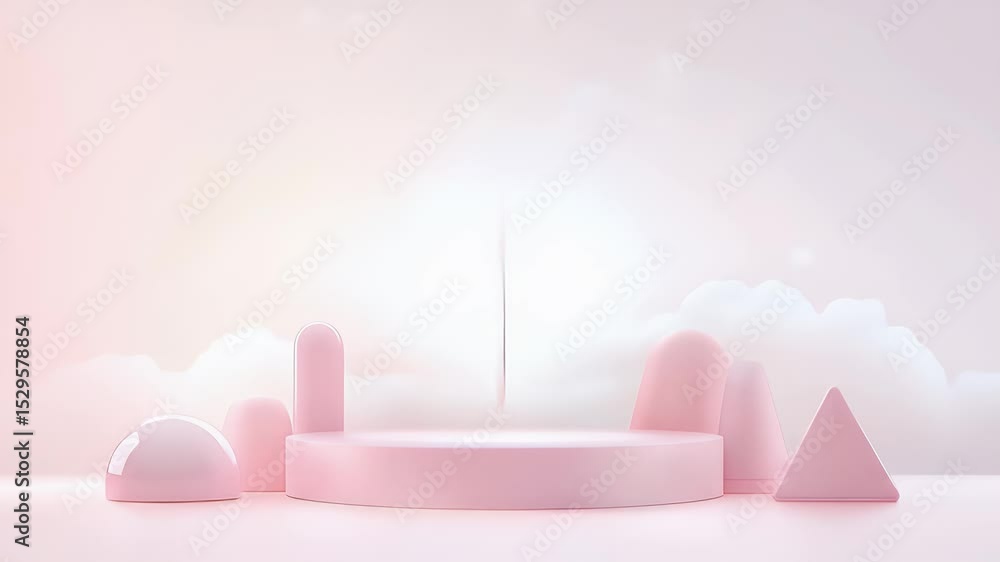 Poster soft pink geometric shapes platform display with clouds background 3d render pastel colored minimali