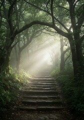 Misty Forest Stairway to Light - Serene, mystical, nature, path, hope. A stone staircase ascends through a fog-laden forest, bathed in soft sunlight, symbolizing a journey towards enlightenment