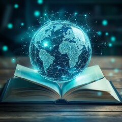 Global network connection concept.  Digital world map glowing above open book.  Knowledge, technology, and future.