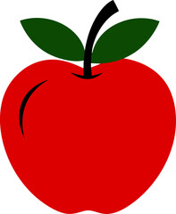 A bold and minimalist illustration of a fresh red apple featuring green leaves and black stem for graphic design projects and health related concepts