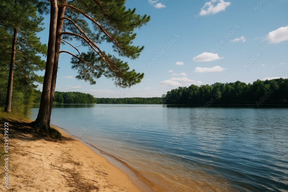 Aufkleber serene lake scene with trees on shore, calm water reflecting sky, and no people visible in image.