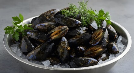 mussels in a bowl with ice