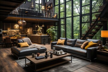 Fototapeta premium A stylish modern living room featuring large windows, cozy furnishings, and greenery, perfectly blending comfort and contemporary design in a tranquil indoor space.