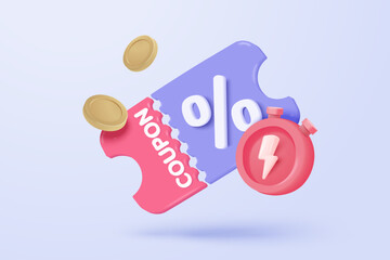 3D thunder bolt icons with coupon for sales and shopping online, discount coupon of cash. flash lightning on time alert notice special offer promotion. 3d price tags icon vector render illustration