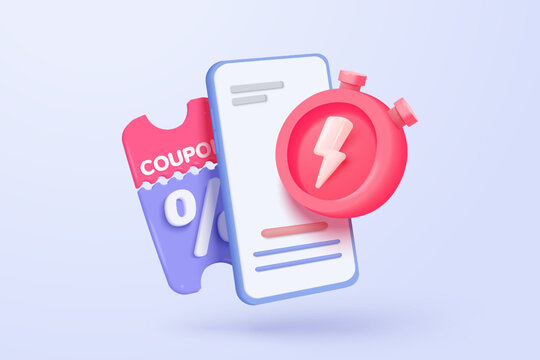 3D thunder bolt icon with coupon for sale and shopping online, discount coupon in mobile phone. flash lightning on alert notice special offer promotion. 3d price tags icon vector render illustration