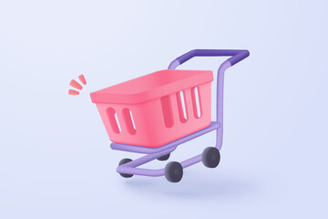 3D shopping cart with price tags for online shopping and digital marketing ideas. basket and promotional labels on purple background shopping bag buy sell discount 3d vector icon illustration © Issara