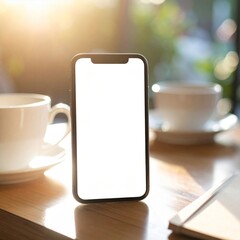 Blank Smartphone Screen on Wooden Table with Coffee Cups