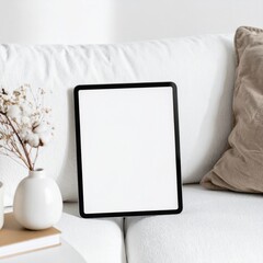 Blank Tablet Mockup on White Sofa with Neutral Decor
