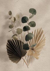 Dried palm leaves and eucalyptus branches are arranged on beige paper. Soft shadows fall across the scene.