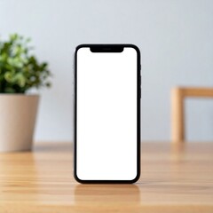 Black Smartphone with Blank White Screen on Wooden Table