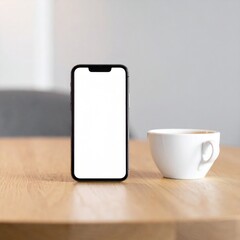 Smartphone with Blank Screen and Coffee Cup on Wooden Table