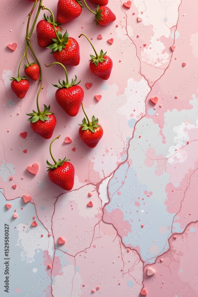 Poster abstract textured background with floating strawberries and soft pastel hues, focusing on gentle forms and colors