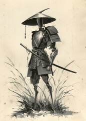 Robot wears old samurai armor and holds a long sword. It stands still near bamboo plants.