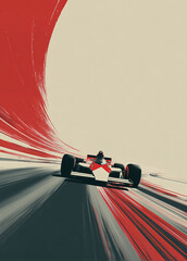Race car is speeding around a curve. Red and black lines show fast motion on the track.
