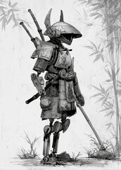 Robot wears old samurai armor and holds a long sword. It stands still near bamboo plants.