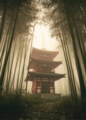 Japanese pagoda is standing in a misty bamboo forest. Soft light filters through the tall trees.