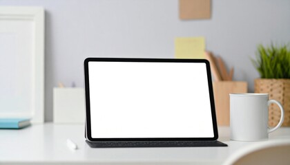 White Tablet With Blank Screen on Modern Desk