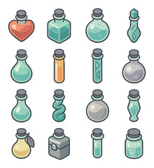 Potion bottle types isometric set. heart-shaped flask, square-bottom bottle, orb vial with mist, twisted glass ampoule, teardrop bottle, tall cylinder jar.