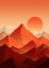 Sun is setting behind red mountains. Peaks fade into the warm sky.