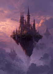 Castle is floating on a rocky island in the sky. Clouds surround the towers at sunset.