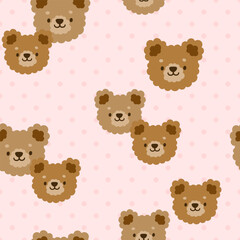 Cute teddy bears hand-drawn faces with polka dot pastel pink texture, seamless pattern background.
