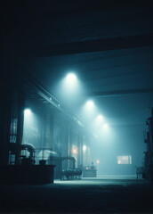Empty factory is filled with cold blue light. Machines stand quietly in the shadows.