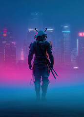 Futuristic warrior is standing in front of neon city. He is holding two swords.