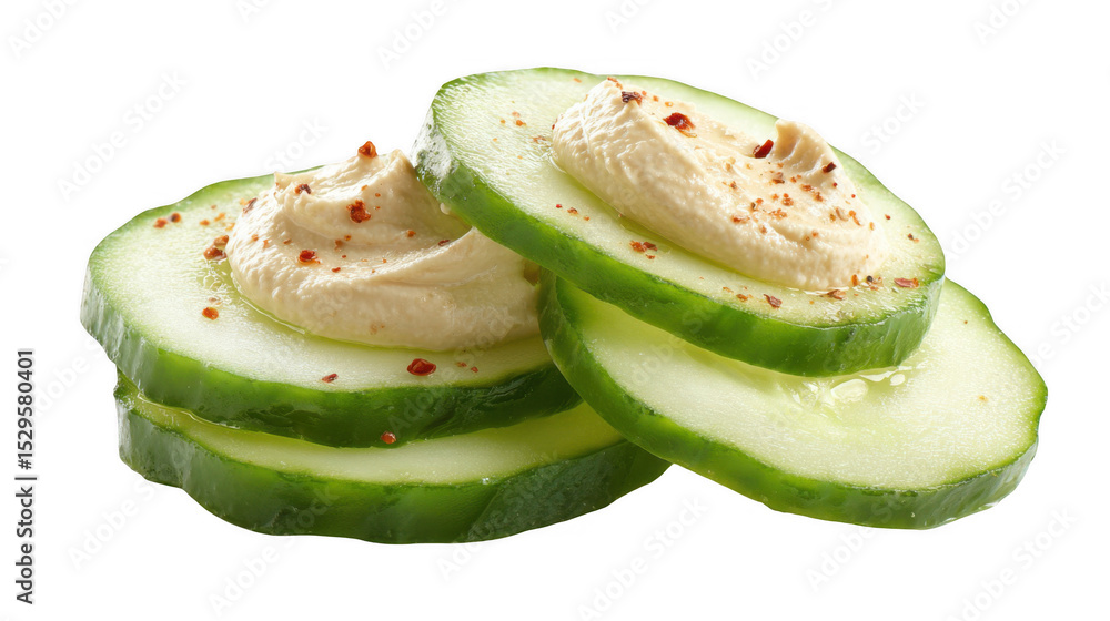 Poster cucumber slices are topped with creamy hummus and a sprinkle of paprika, creating a healthy and refr